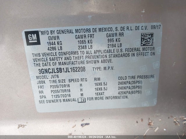 Chevrolet Trax Lt 2018 3GNCJLSB1JL162208 Image 9