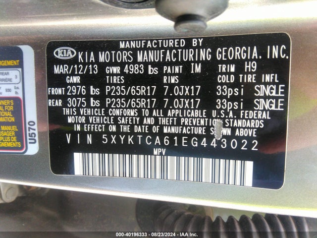 KIA SORENTO LX 2014 5XYKTCA61EG443022 Image 9