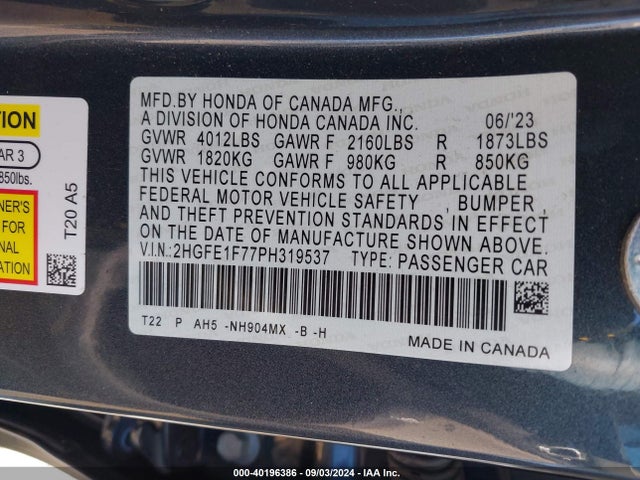 Honda Civic Ex /ex W/o Bsi 2023 2HGFE1F77PH319537 Image 9