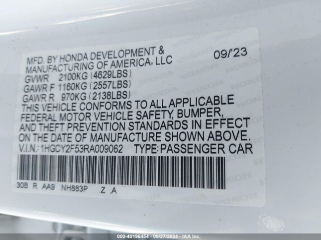 1HGCY2F53RA009062 Honda Accord Hybrid Sport