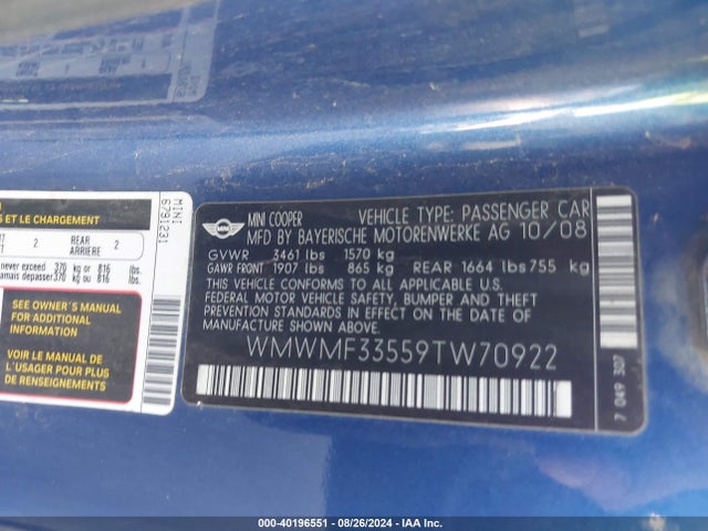 2009 MINI COOPER WMWMF33559TW70922 Photo 8