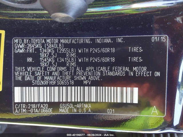 Toyota Highlander Le Plus V6 2015 5TDZKRFH9FS065518 Image 9