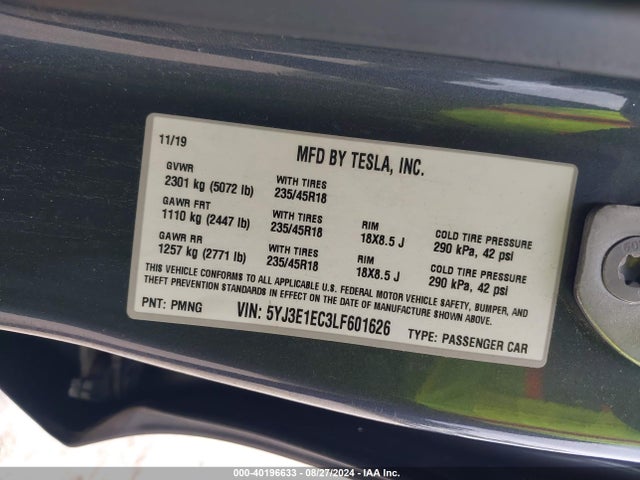 2020 TESLA MODEL 3 5YJ3E1EC3LF601626 Photo 8