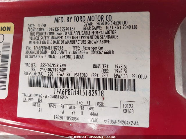 Ford Mustang Ecoboost Fastback 2020 1FA6P8TH4L5182918 Image 9