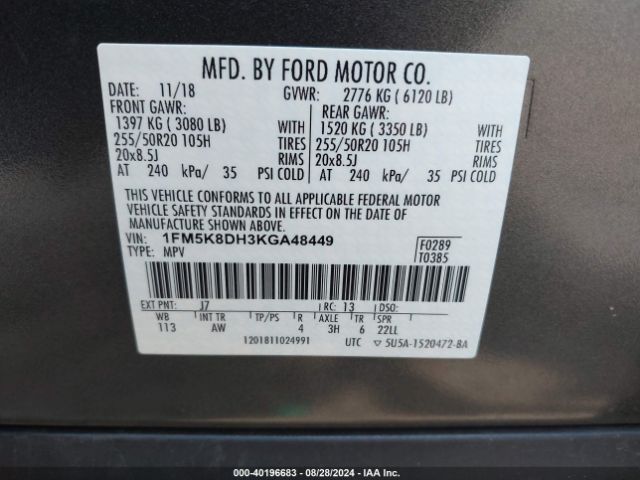 1FM5K8DH3KGA48449 Ford EXPLORER XLT