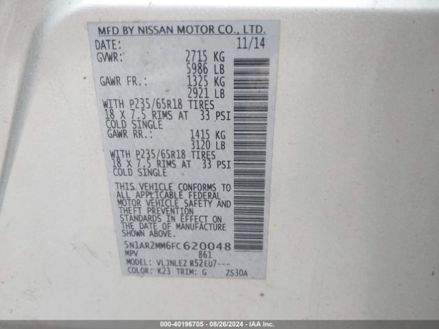 5N1AR2MM6FC620048 Nissan Pathfinder Platinum/s/sl/sv