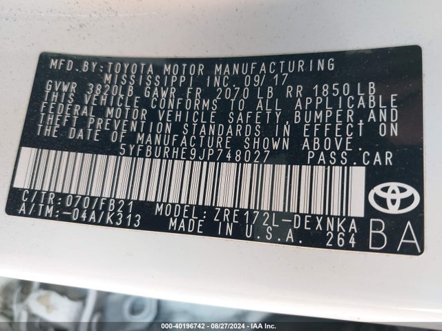 Toyota COROLLA LE 2018 5YFBURHE9JP748027 Image 9