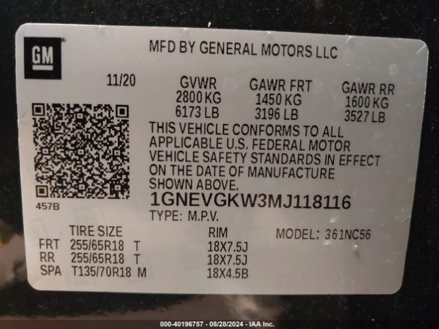 1GNEVGKW3MJ118116 Chevrolet Traverse Awd Lt Cloth