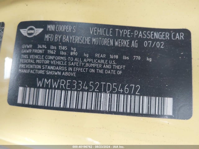 2002 MINI COOPER S WMWRE33452TD54672 Photo 8