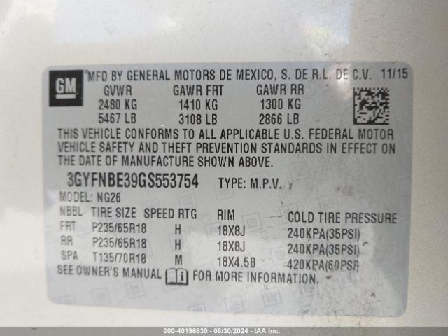 3GYFNBE39GS553754 Cadillac Srx Luxury Collection
