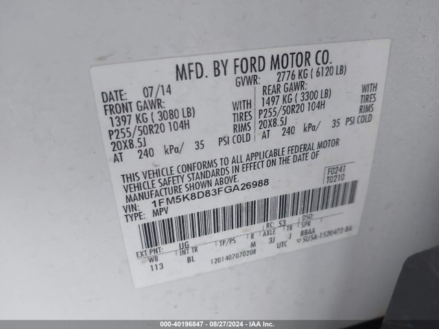 Ford EXPLORER XLT 2015 1FM5K8D83FGA26988 Image 9