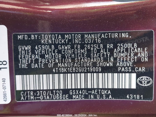 Toyota Avalon Touring 2016 4T1BK1EB2GU219009 Image 9