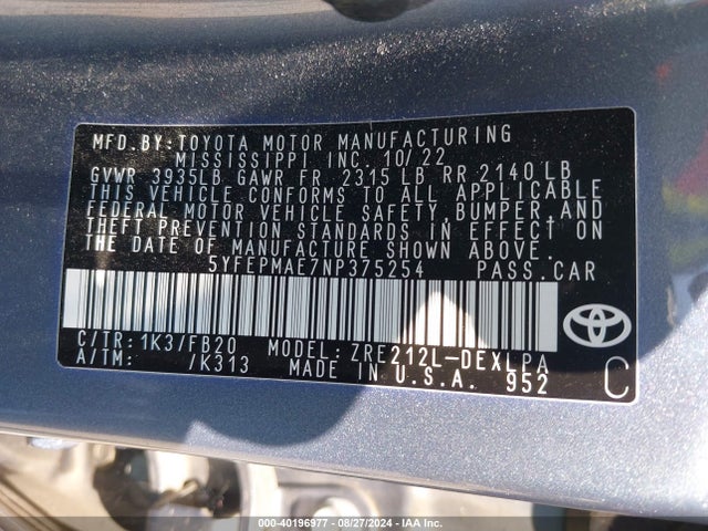 Toyota COROLLA LE 2022 5YFEPMAE7NP375254 Image 9