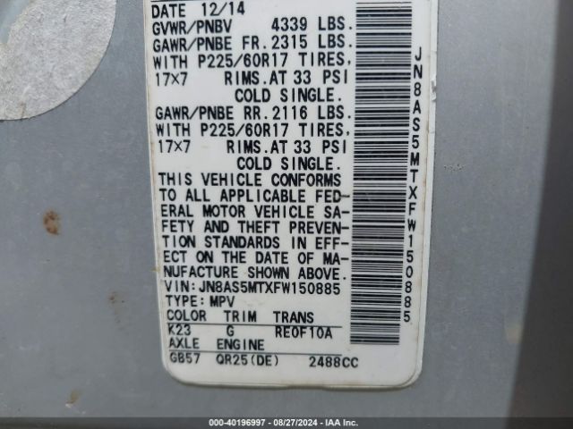 JN8AS5MTXFW150885 Nissan Rogue Select S