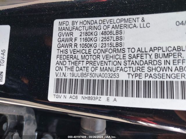 19UUB5F50NA003253 Acura Tlx A-spec Package
