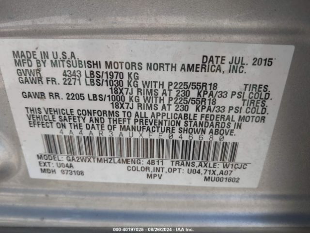 4A4AR3AUXFE046680 Mitsubishi Outlander Sport Es