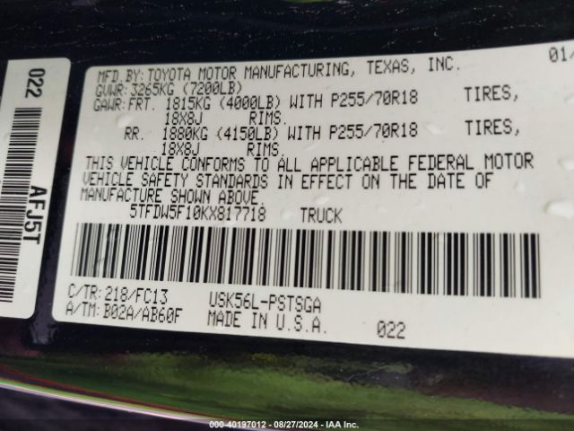 5TFDW5F10KX817718 Toyota Tundra Sr5 5.7l V8