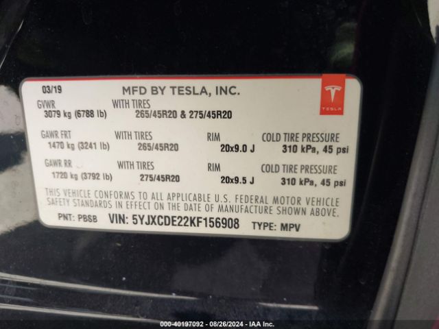 5YJXCDE22KF156908 Tesla Model X 100d/75d/long Range/standard Range