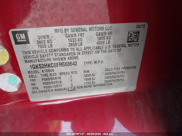 1GKS2HKC0FR668642 GMC Yukon Xl 1500 Slt