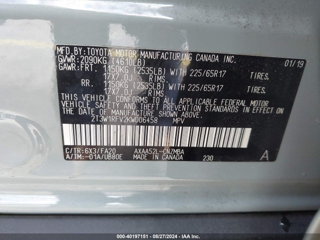 Toyota Rav4 Xle 2019 2T3W1RFV2KW006458 Image 9