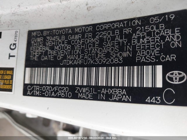 Toyota Prius L Eco 2019 JTDKARFU7K3092083 Image 9