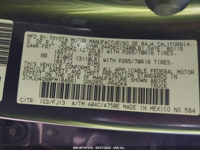 3TMJU4GN8FM184661 Toyota Tacoma Prerunner V6