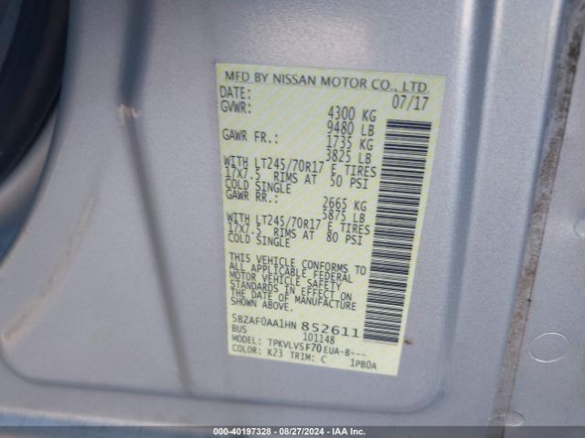 5BZAF0AA1HN852611 Nissan Nv Passenger Nv3500 Hd Sl V8