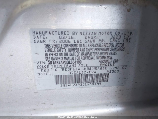 Nissan SENTRA SV 2016 3N1AB7AP3GL654199 Image 9