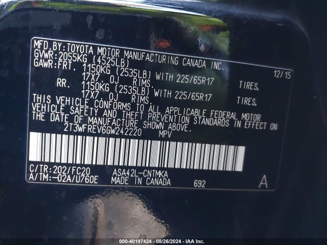 Toyota Rav4 Xle 2016 2T3WFREV6GW242220 Image 9