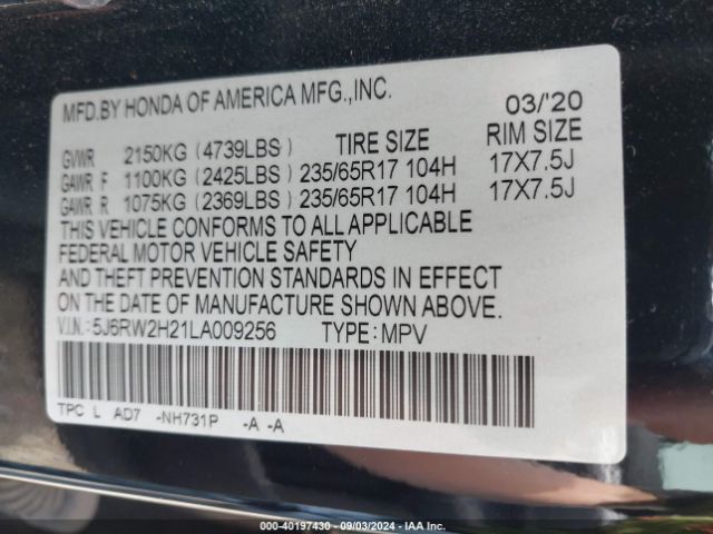 5J6RW2H21LA009256 Honda Cr-v Awd Lx
