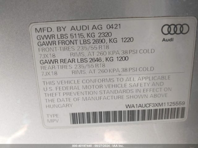 WA1AUCF3XM1125559 Audi Q3 Premium 40 Tfsi Quattro Tiptronic