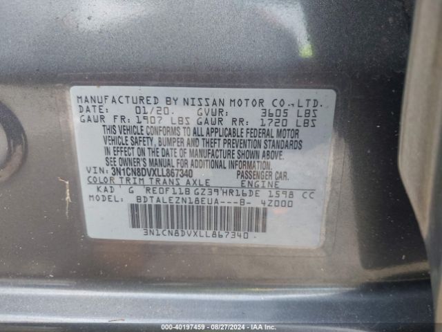 3N1CN8DVXLL867340 Nissan Versa S Xtronic Cvt