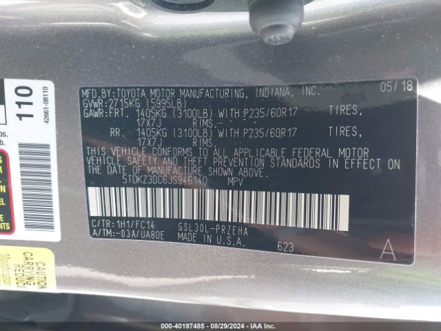 5TDKZ3DC6JS946140 Toyota Sienna Le 8 Passenger