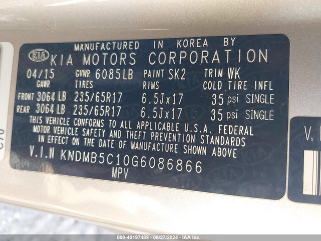 KIA SEDONA LX 2016 KNDMB5C10G6086866 Image 9