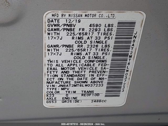 JN8AT2MT6LW037233 Nissan Rogue S Fwd