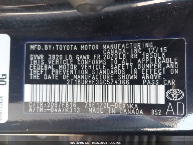 Toyota COROLLA LE 2016 2T1BURHE3GC574366 Image 9