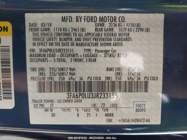 3FA6P0LU3JR233155 Ford Fusion Hybrid Se