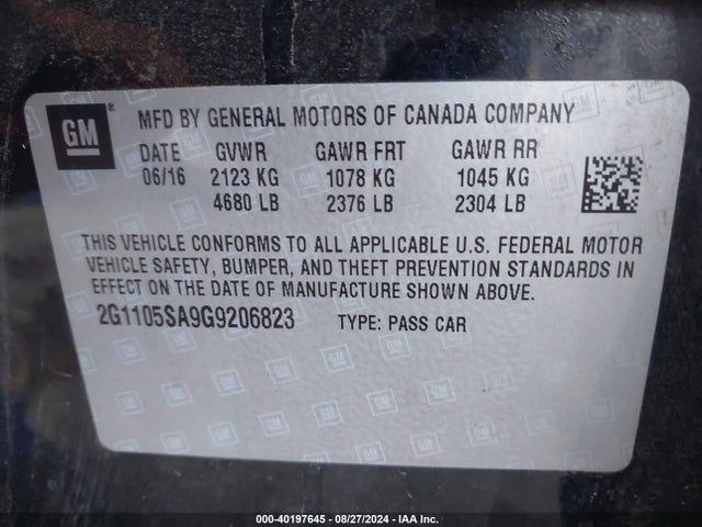 Chevrolet IMPALA 1LT 2016 2G1105SA9G9206823 Image 9