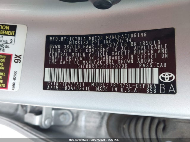 Toyota COROLLA L 2014 5YFBURHE6EP120206 Image 9