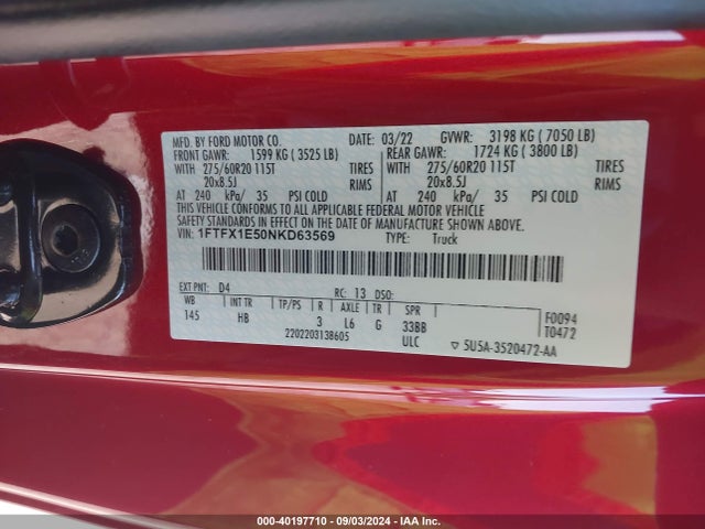 Ford F-150 Lariat 2022 1FTFX1E50NKD63569 Image 9