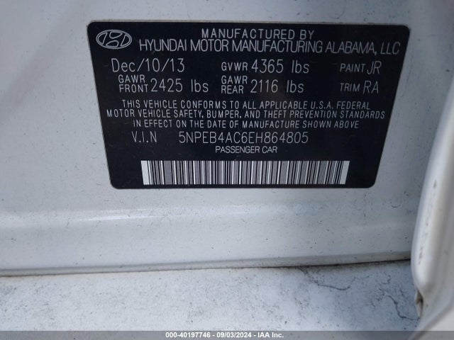 40197746 :رقم المزاد ، 5NPEB4AC6EH864805 vin ، 2014 Hyundai Sonata Gls مزاد بيع