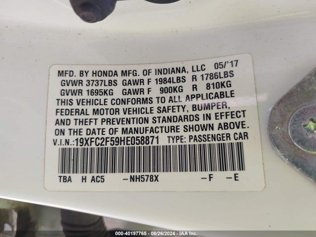 Honda Civic Lx 2017 19XFC2F59HE058871 Image 9