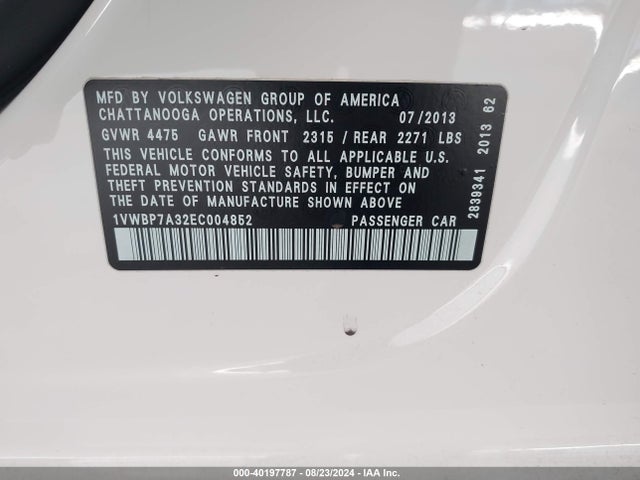 1VWBP7A32EC004852 Volkswagen Passat 2.5l Se