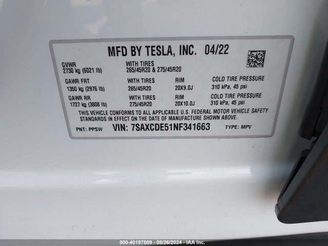 2022 TESLA MODEL X 7SAXCDE51NF341663 Photo 8