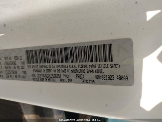 3C6TRVAG7KE526350 RAM Promaster 1500 Low Roof 136 Wb