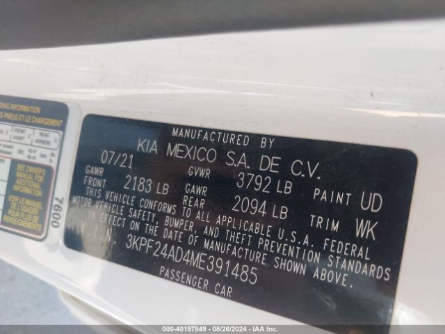 3KPF24AD4ME391485 KIA FORTE FE