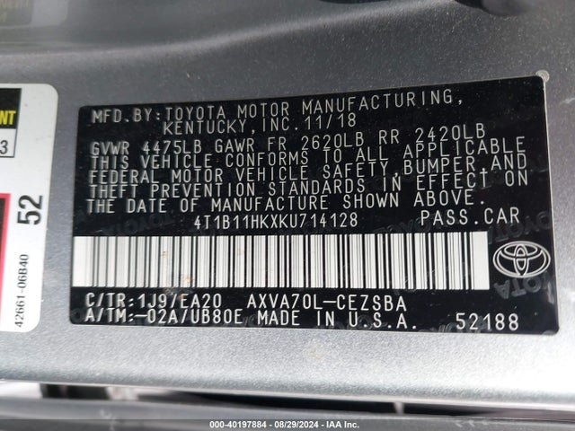 Toyota CAMRY SE 2019 4T1B11HKXKU714128 Image 9