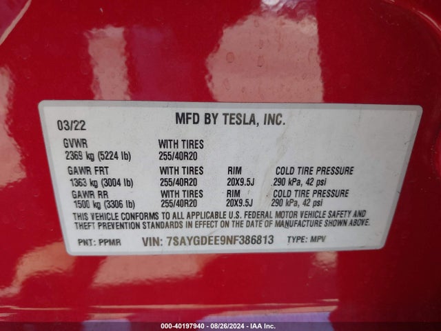 2022 TESLA MODEL Y 7SAYGDEE9NF386813 Photo 8