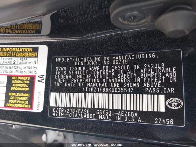 Toyota AVALON XLE 2019 4T1BZ1FB6KU035517 Image 9