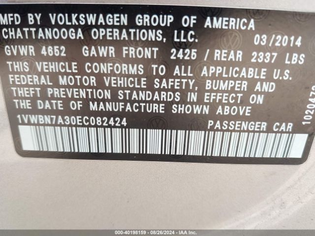 1VWBN7A30EC082424 Volkswagen Passat 2.0l Tdi Se